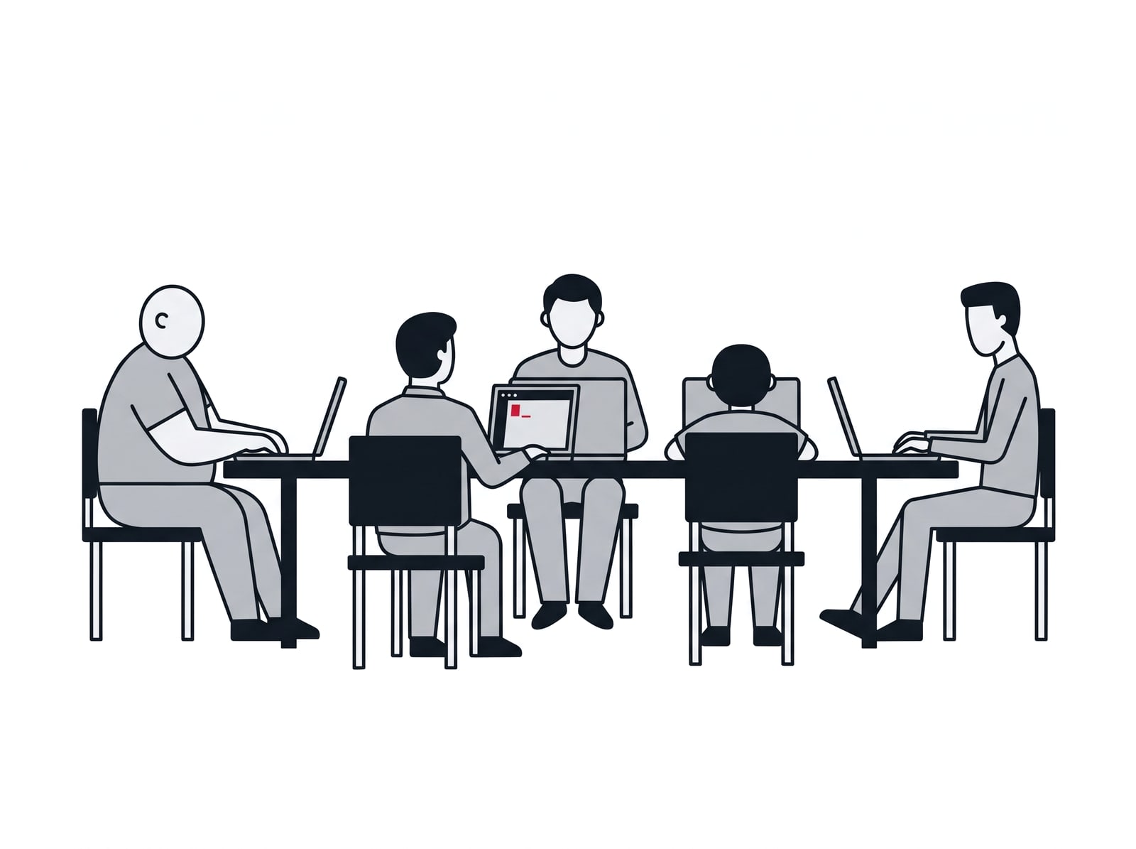 Five people around one table, each with a laptop; one screen shows a terminal