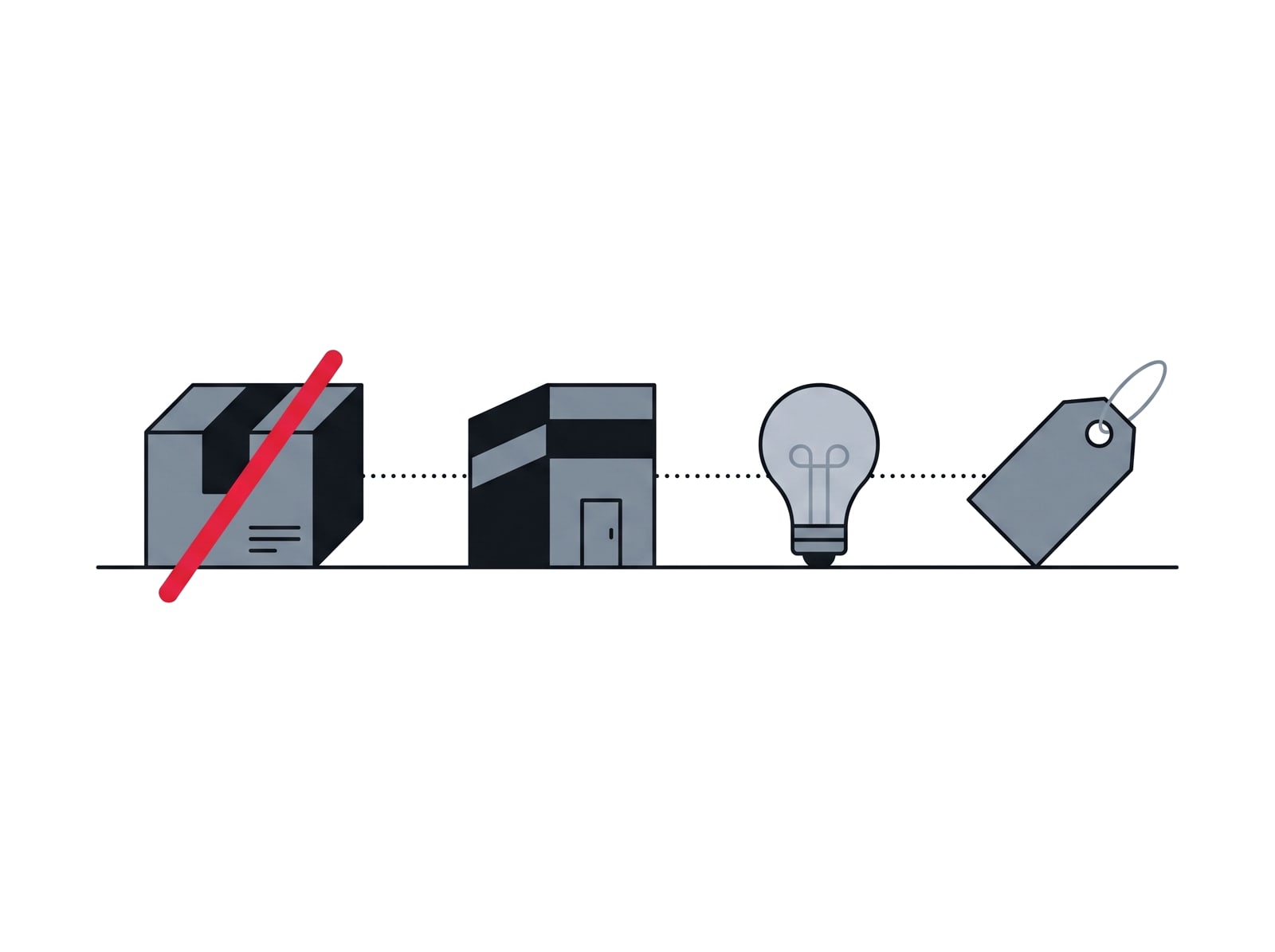Four objects in a row: a cancelled subscription box, a building block, a lightbulb and a price tag