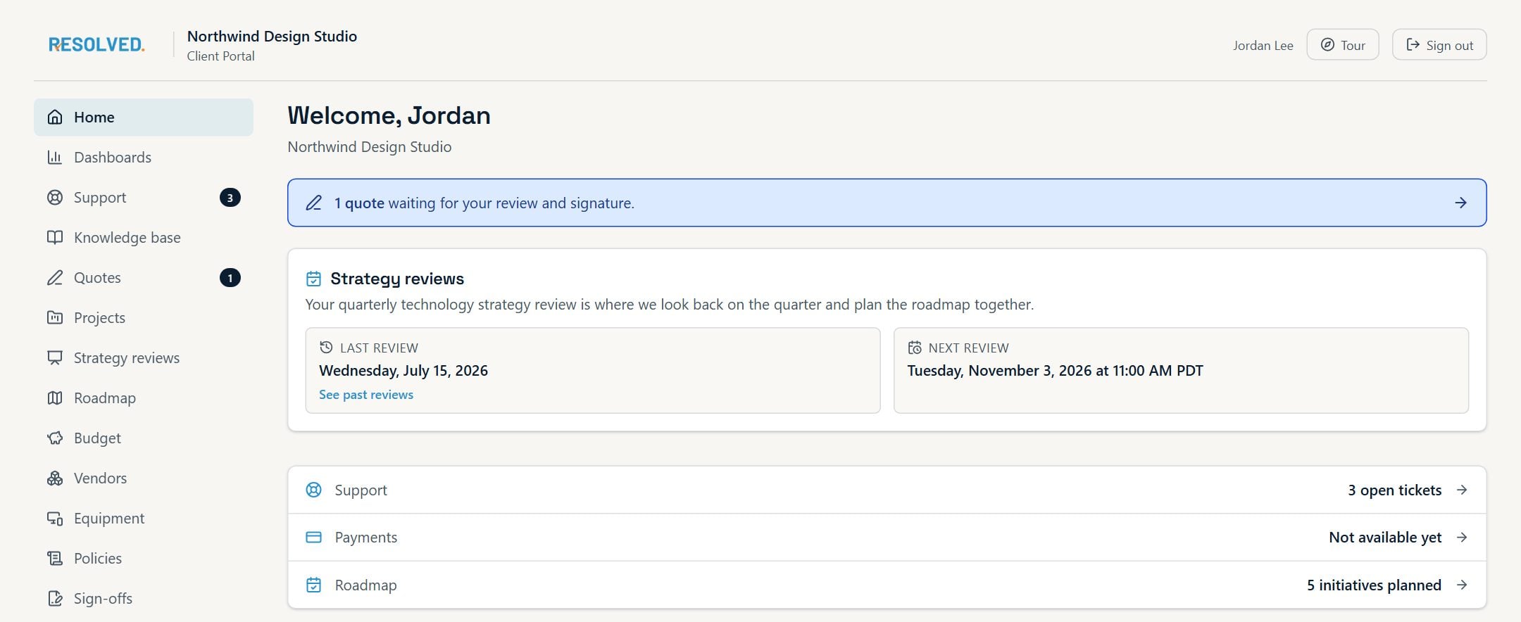 The client portal home page with strategy reviews, open tickets and the roadmap
