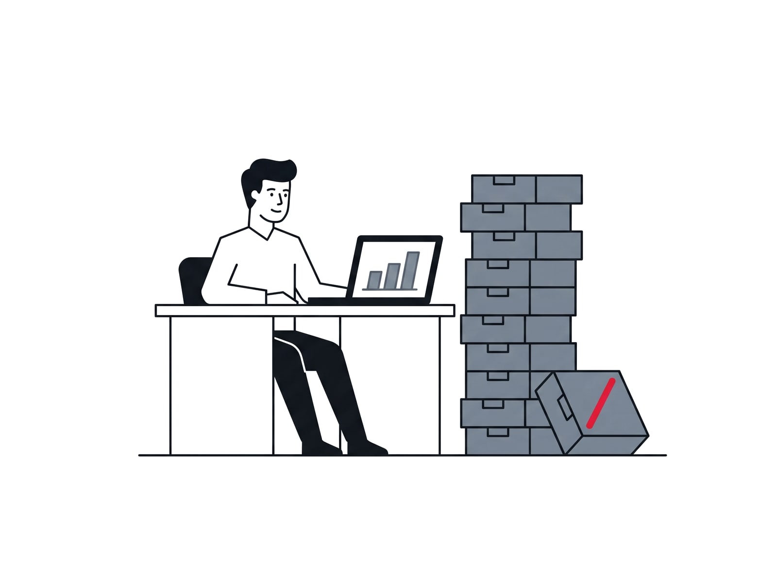 An MSP owner at a desk with a laptop showing a chart, beside a stack of subscription boxes with one struck out in red